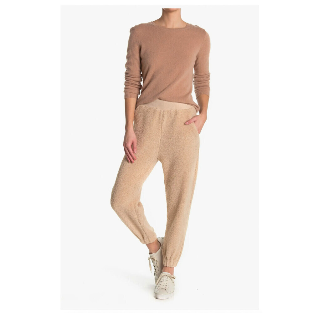 Lush Women's Faux Shearling Teddybear Jogger Pants In Taupe Size M